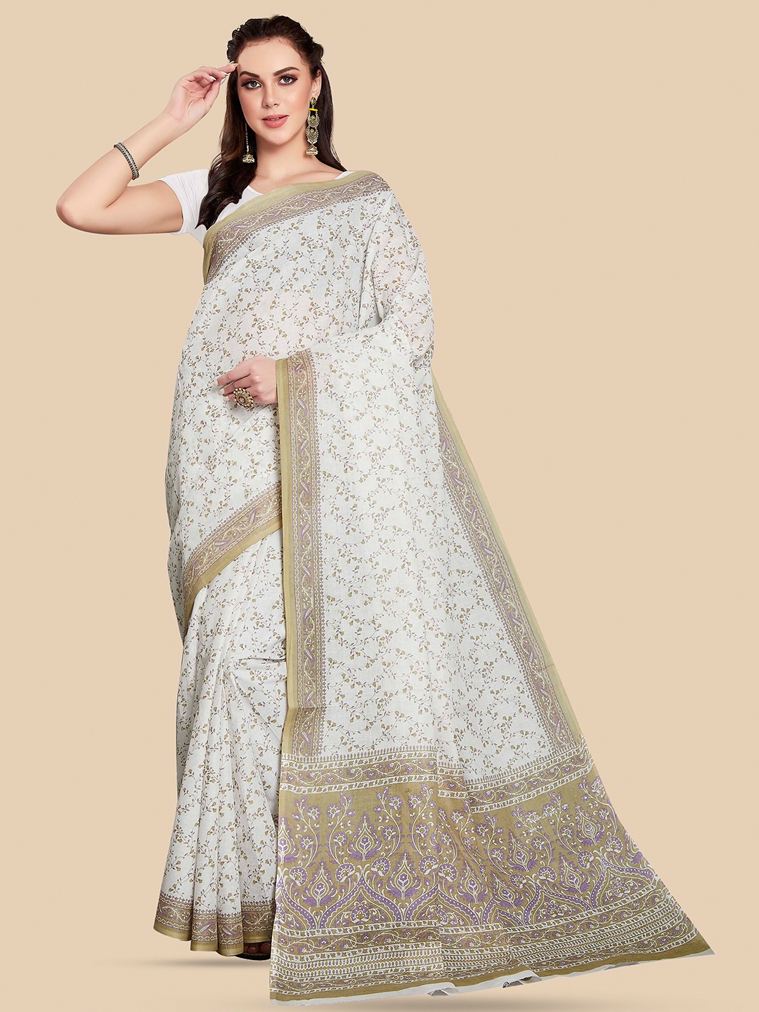 

Rani Saahiba Floral Pure Cotton Block Print Saree, White