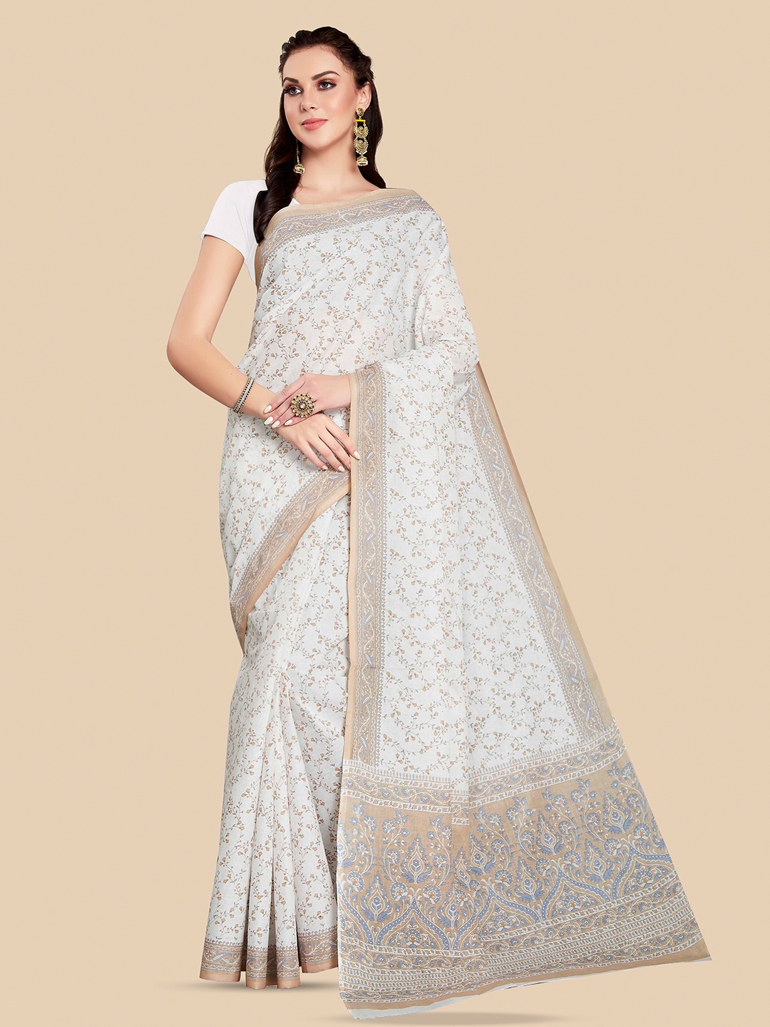 

Rani Saahiba Floral Printed Pure Cotton Block Print Saree, White