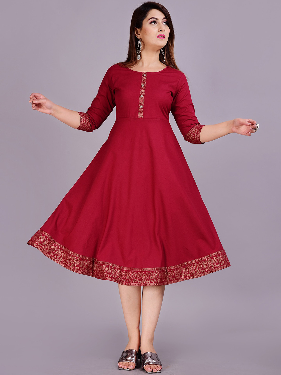 

KALINI Round Neck Fit & Flare Ethnic Dress, Maroon