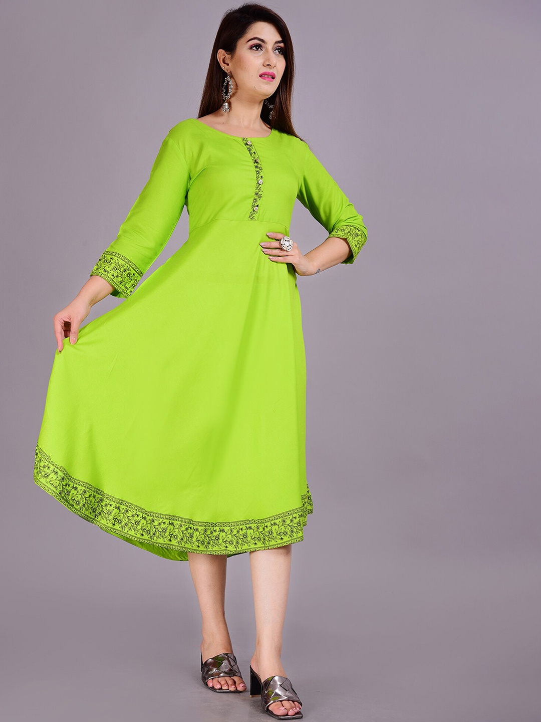 

KALINI Round Neck A-Line Ethnic Dress, Lime green