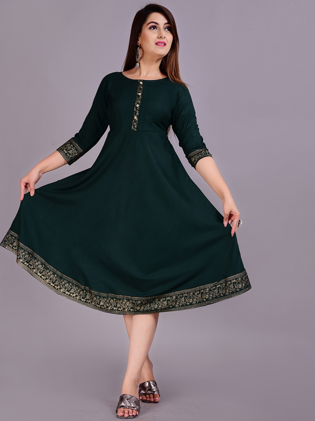 

KALINI Round Neck Fit & Flare Ethnic Dress, Green