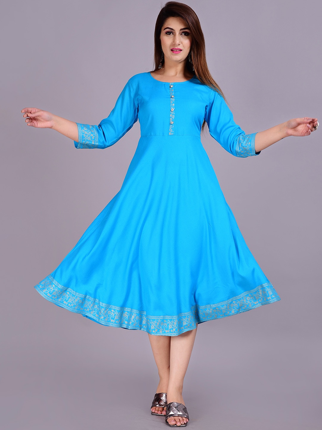 

KALINI Round Neck Fit & Flare Ethnic Dress, Blue