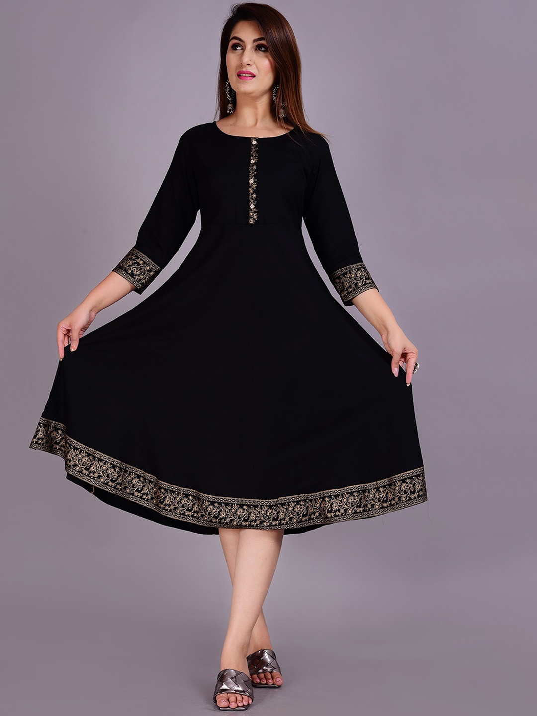 

KALINI Round Neck Three-Quarter Sleeves Fit & flare Ethnic Dresses, Black