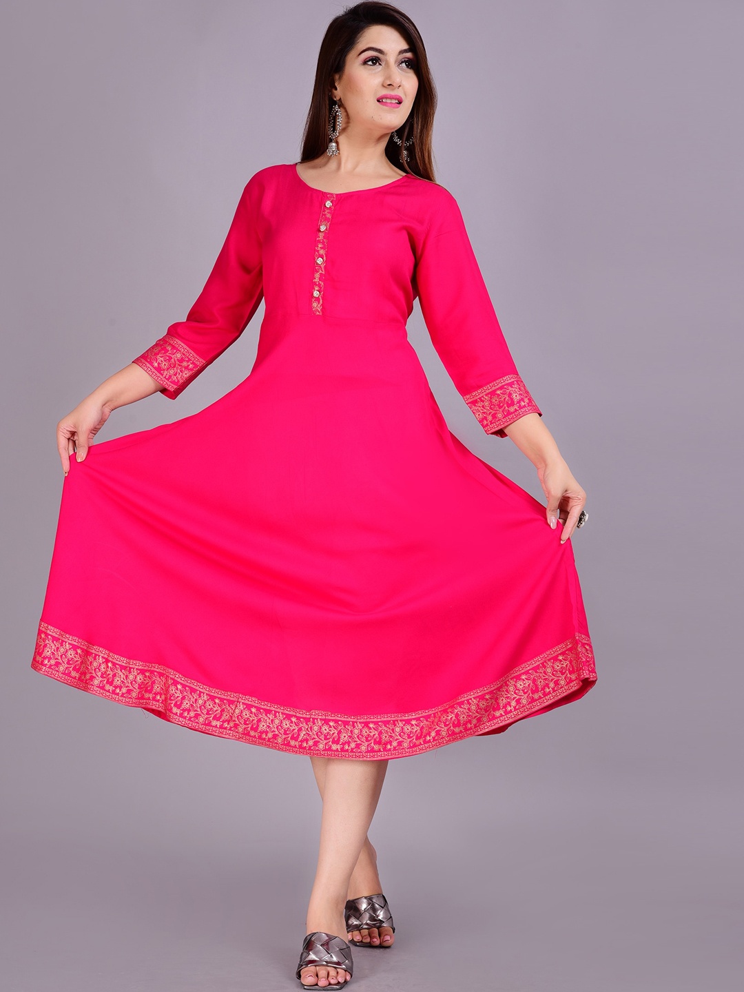 

KALINI Round Neck Fit & Flare Ethnic Dress, Pink