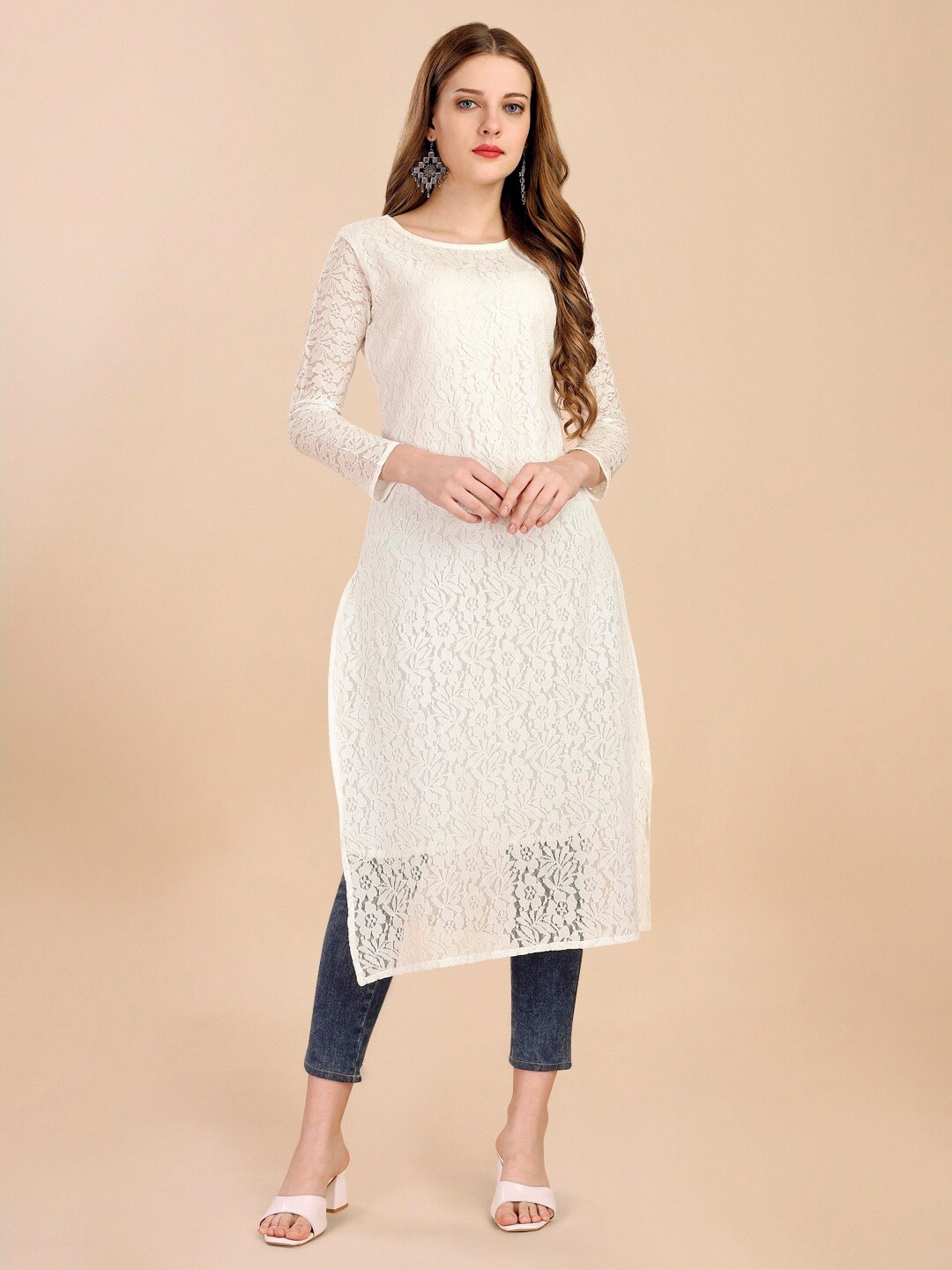 

FORKEY Floral Net Semi Sheer Kurta, Off white