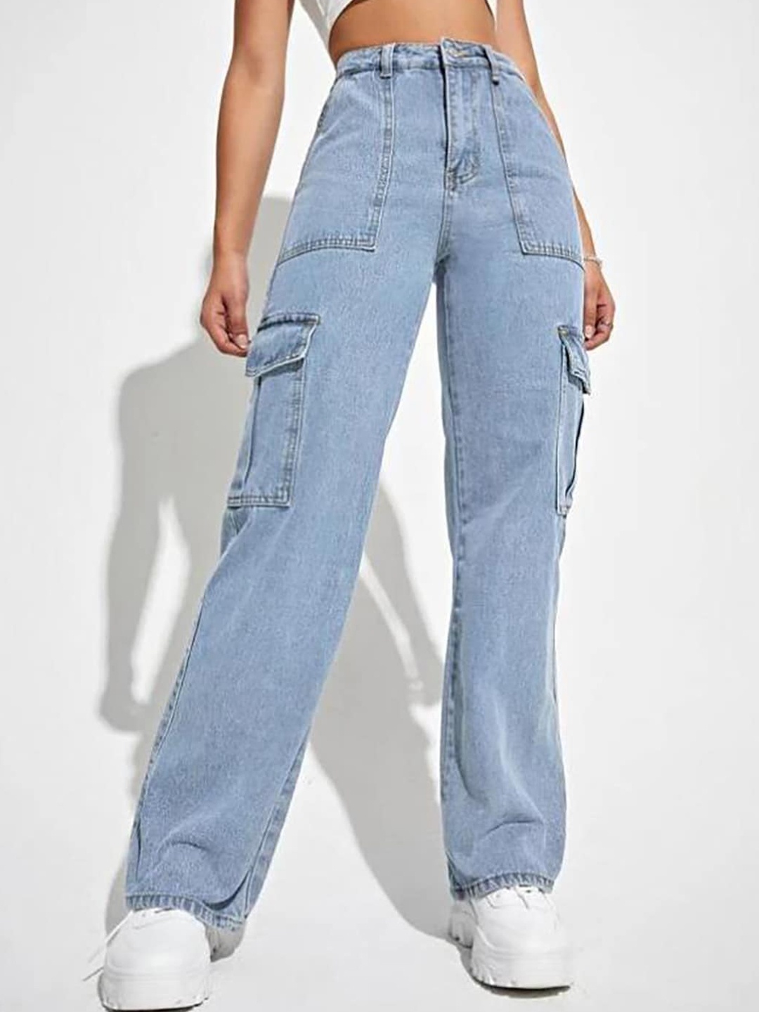 

Kotty Women Jean Straight Fit High-Rise Stretchable Cargo Jeans, Blue