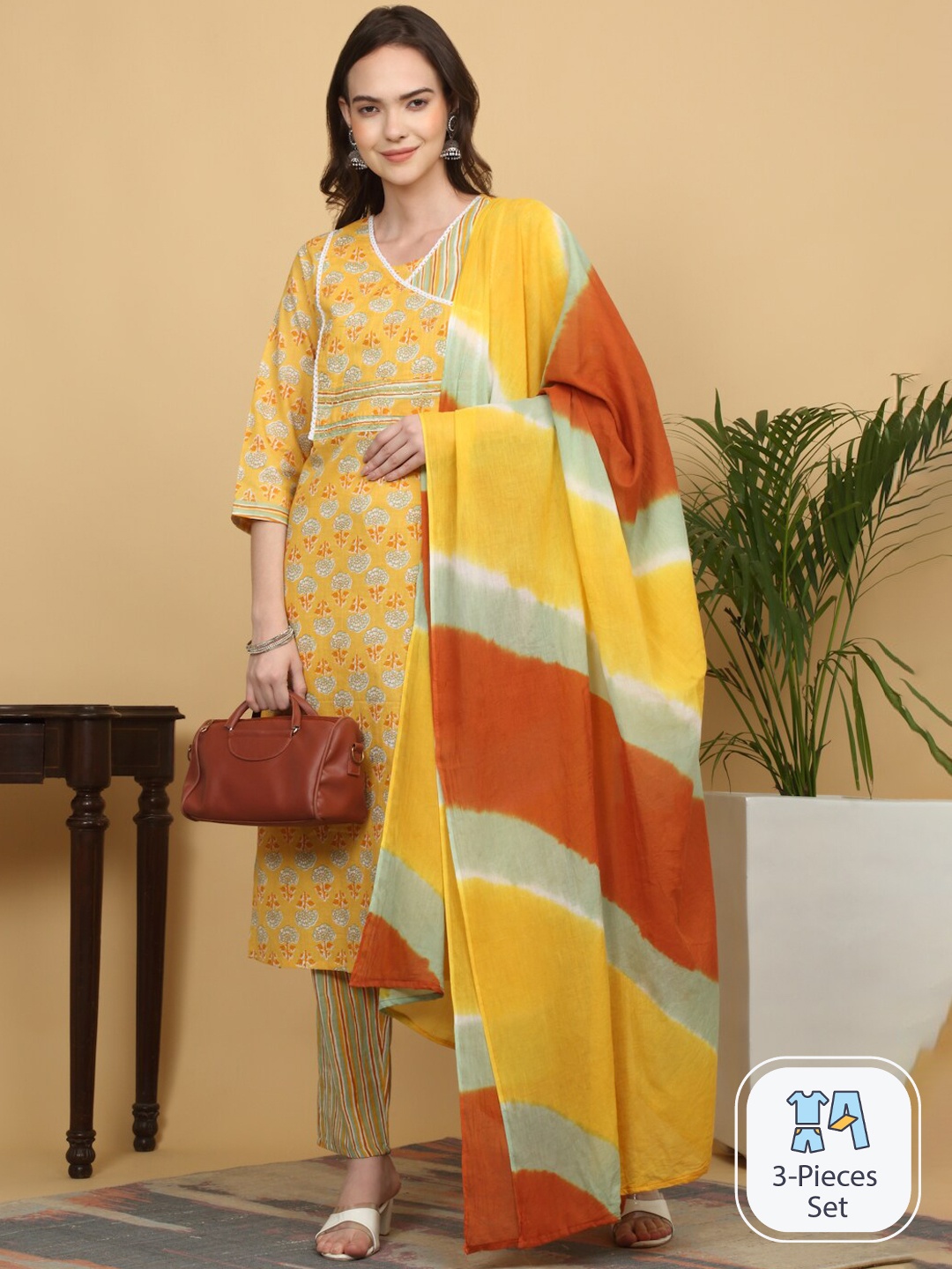 

KALINI Floral Printed Regular Pure Cotton Kurta With Trousers & Dupatta, Yellow