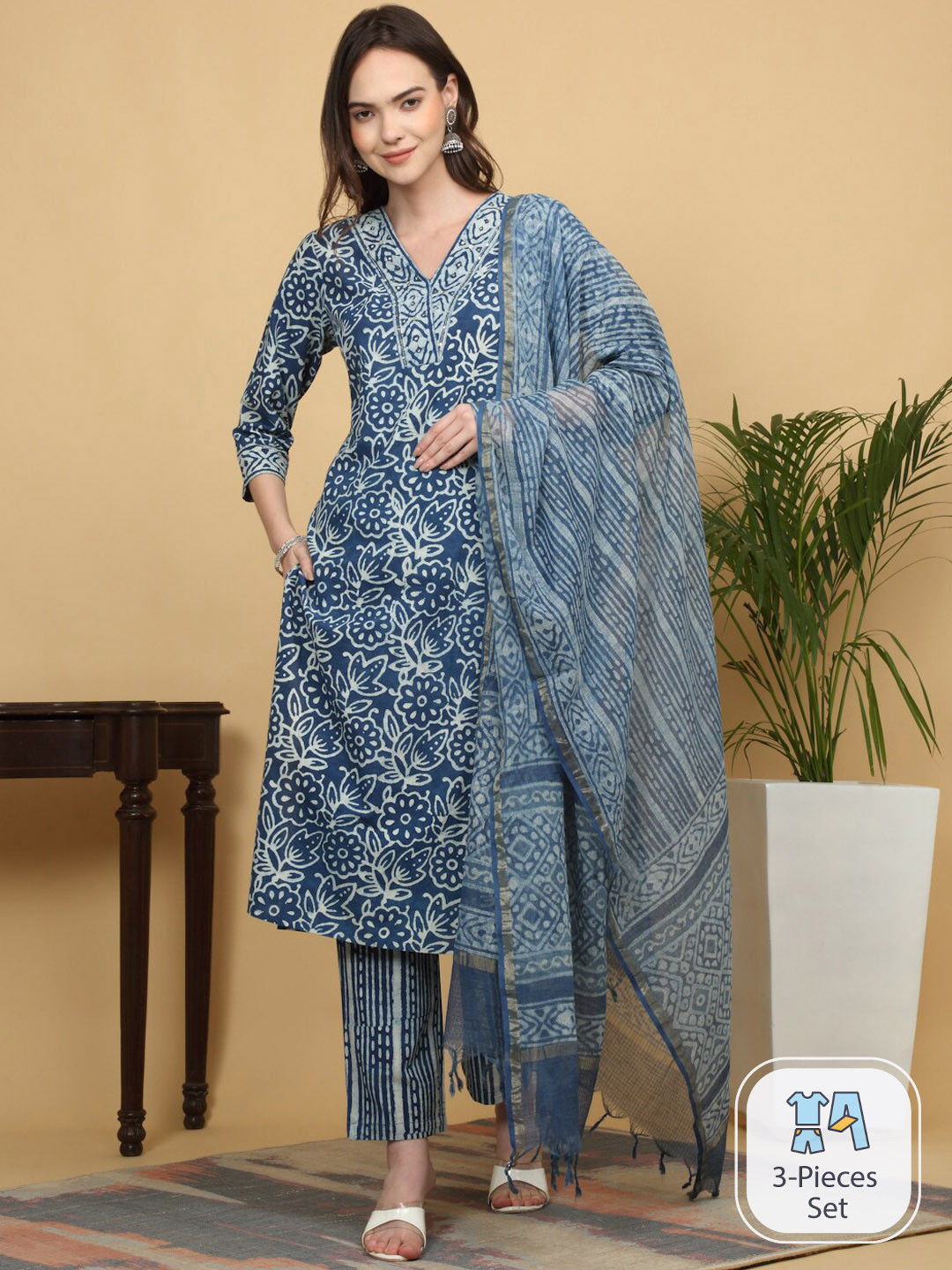 

KALINI Floral Printed Sequinned Pure Cotton Kurta & Trousers With Dupatta, Blue
