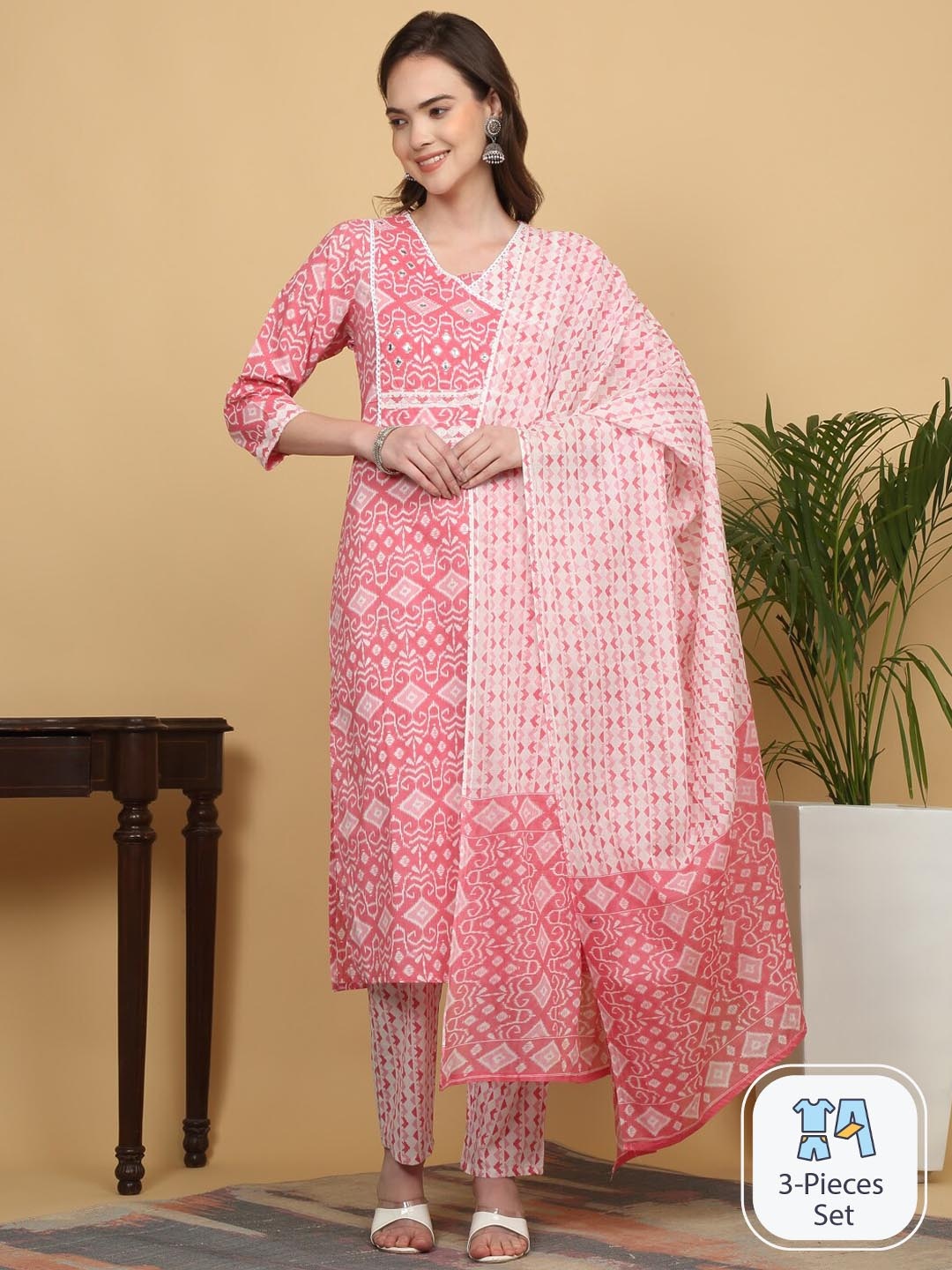 

KALINI Ethnic Motif Printed Mirror Work Pure Cotton Kurta with Trousers & With Dupatta, Pink