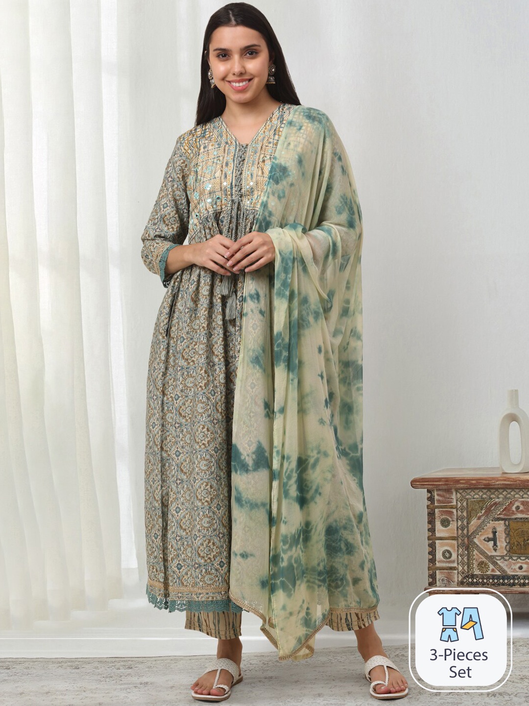 

KALINI Floral Printed V-Neck Anarkali Kurta & Trousers With Dupatta, Sea green