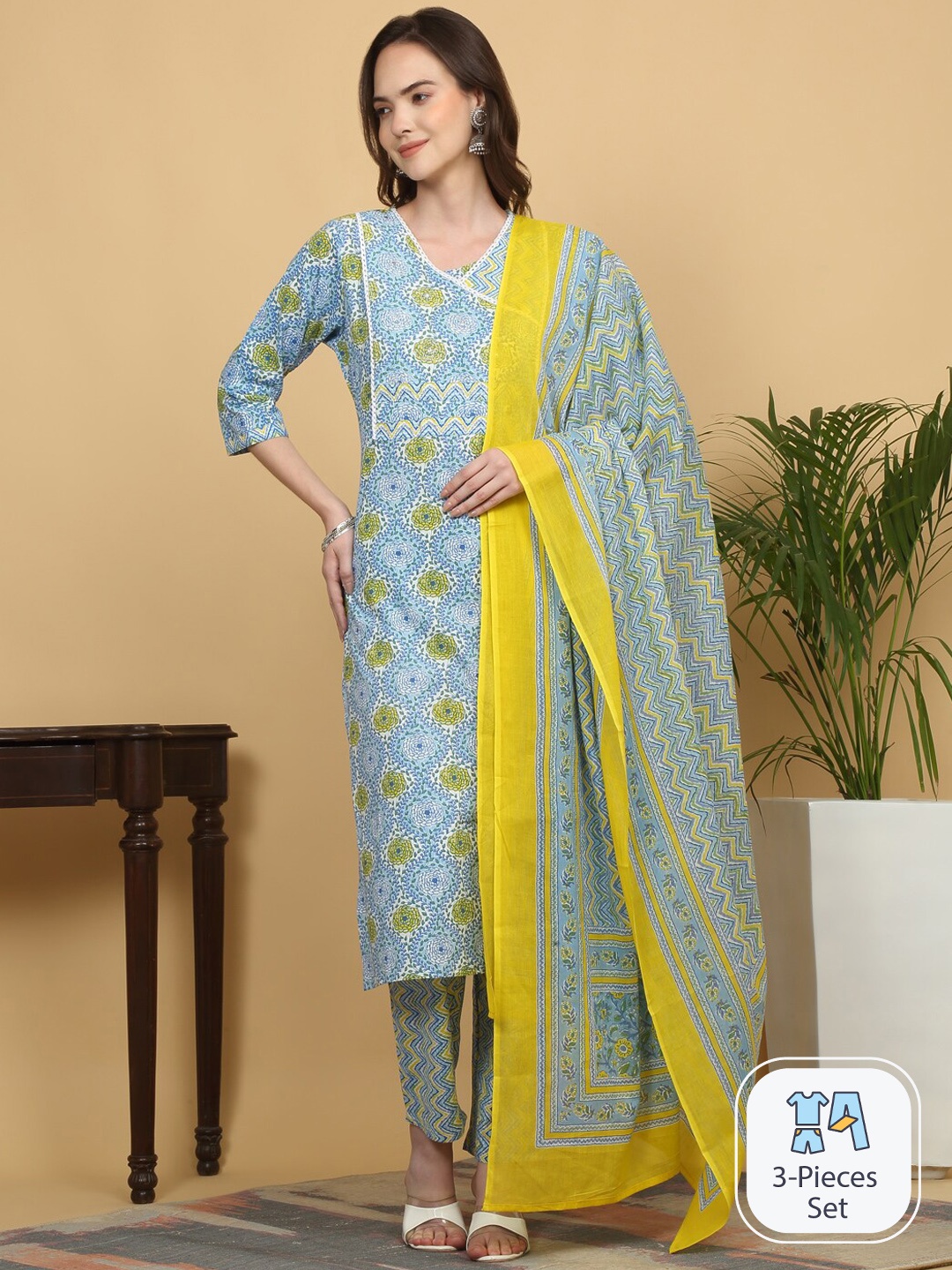 

KALINI Floral Printed Gotta Patti Pure Cotton Kurta With Trousers & Dupatta, Turquoise blue