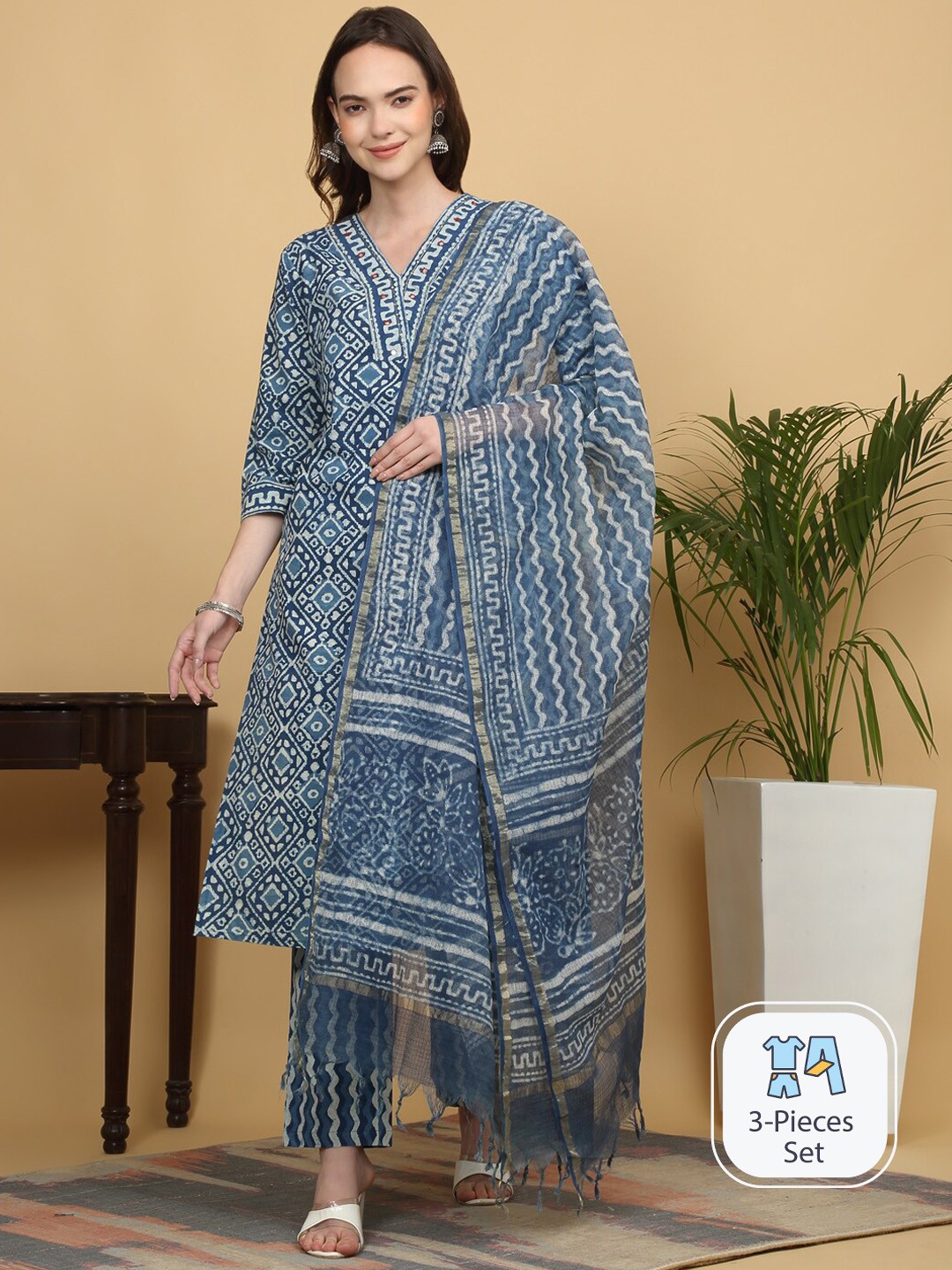 

KALINI Ethnic Motifs Printed Straight Pure Cotton Kurta & Trousers With Dupatta, Blue