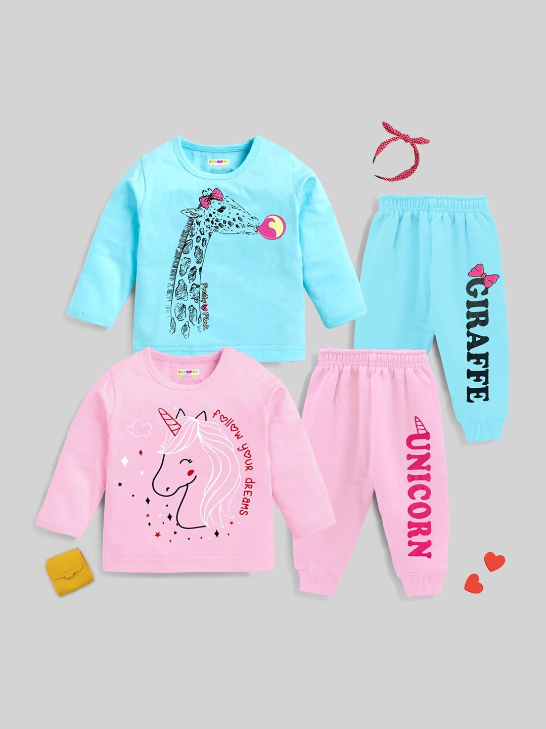 

KUCHIPOO Girls Pack Of 2 Graphic Printed Night suit, Pink