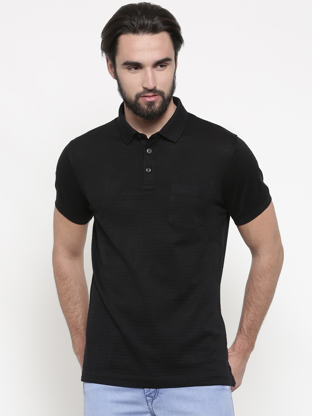 

Indian Terrain Men Black Striped Polo Collar Pure Cotton T-shirt