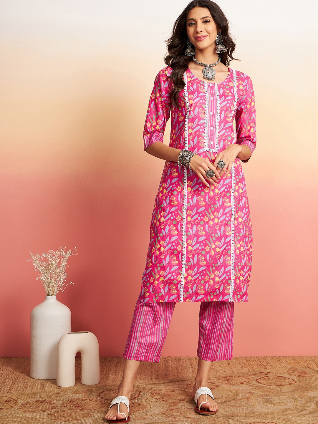 

Sangria Floral Printed Pure Cotton Straight Kurta With Trouser, Pink
