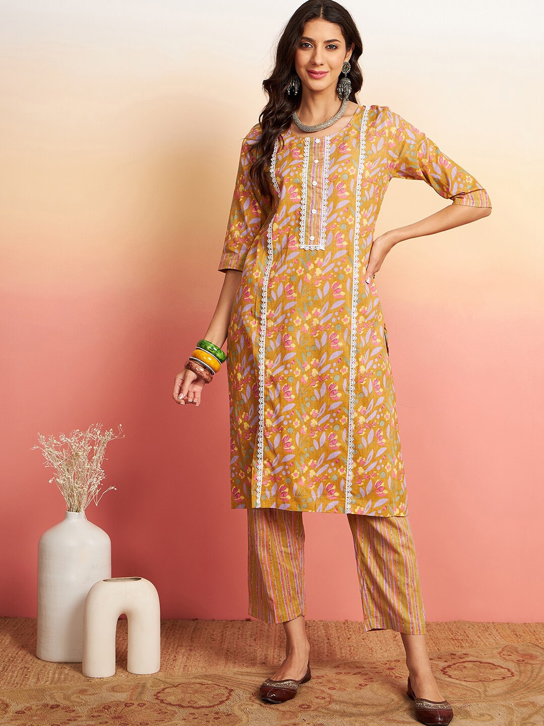 

Sangria Mustard Floral Printed Pure Cotton Straight Kurta With Trouser Set