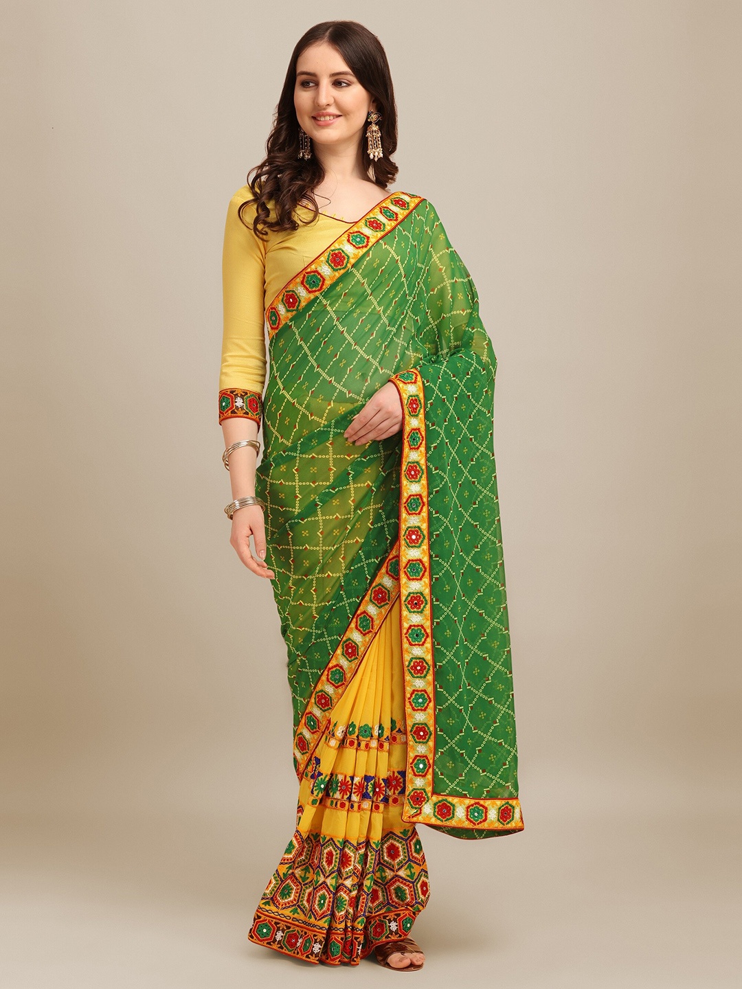 Mitera Bandhani Embroidered Pure Georgette Bandhani Saree, Green