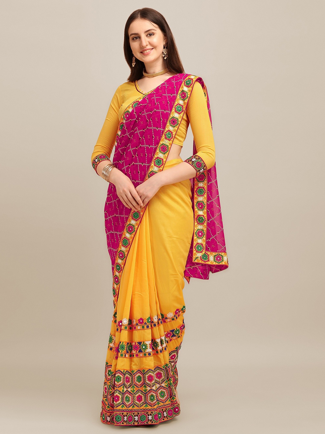 

Mitera Pink Printed Embroidered Pure Georgette Bandhani Saree