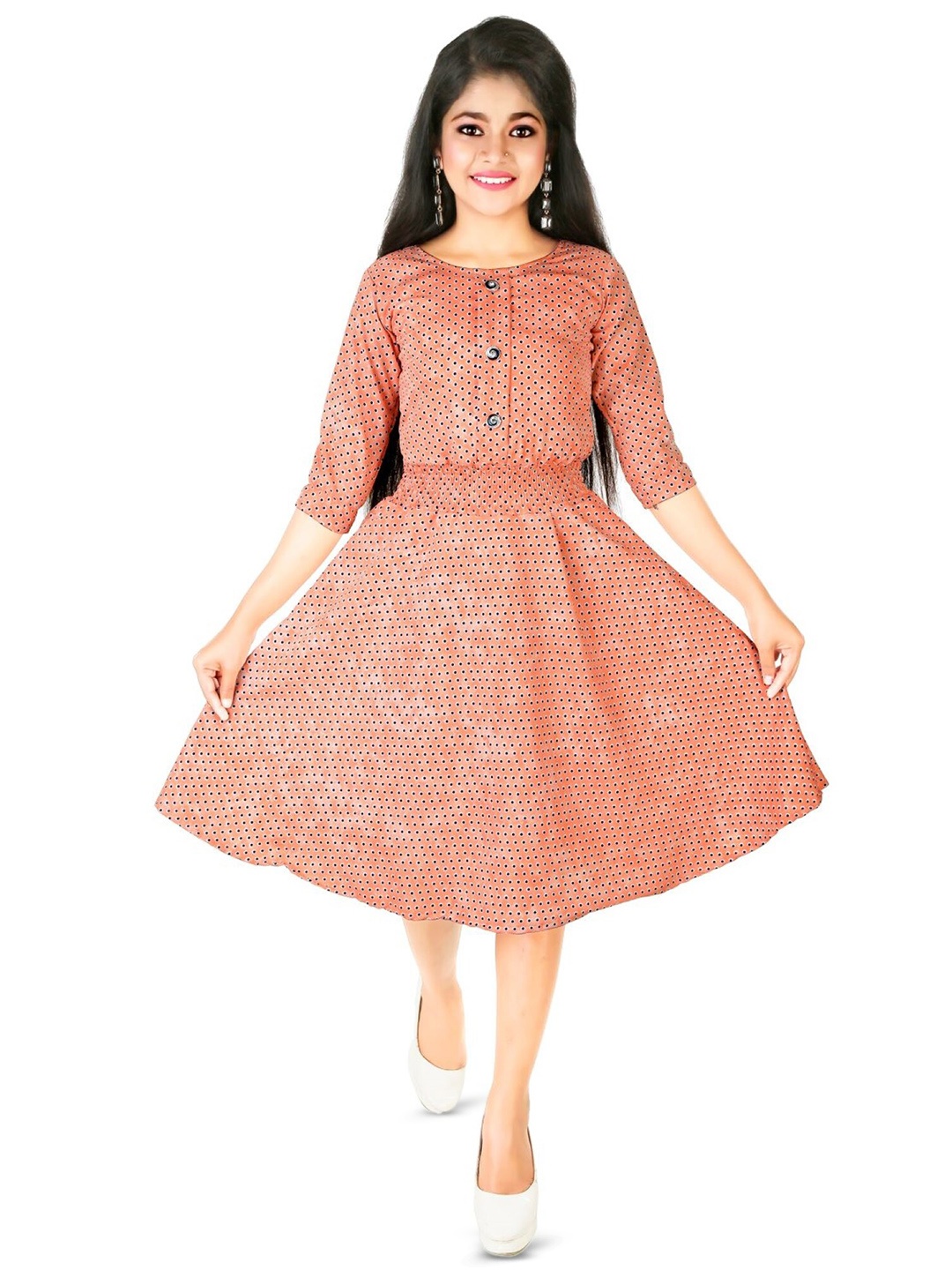 

BAESD Polka Dots Printed Smocked Fit & Flare Dress, Orange