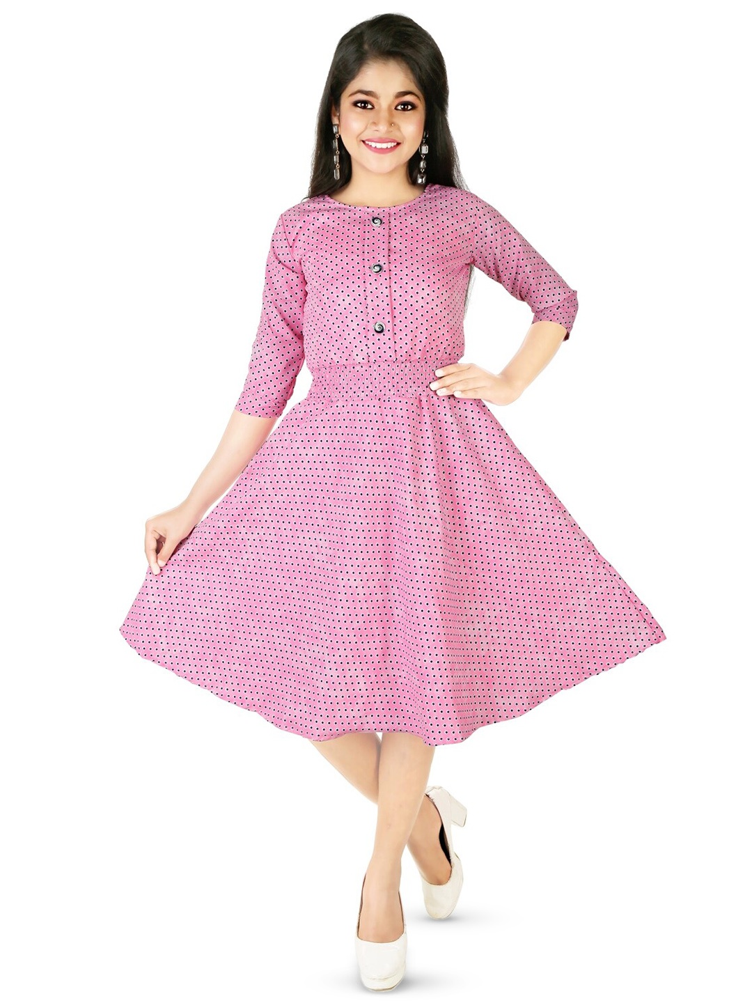 

BAESD Polka Dots Printed Fit & Flare Dress, Pink