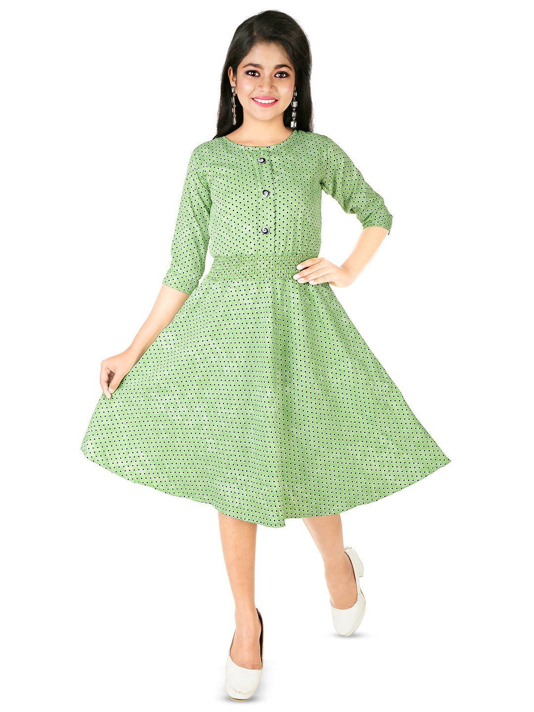 

BAESD Girls Polka Dots Printed Fit & Flare Midi Dress, Green