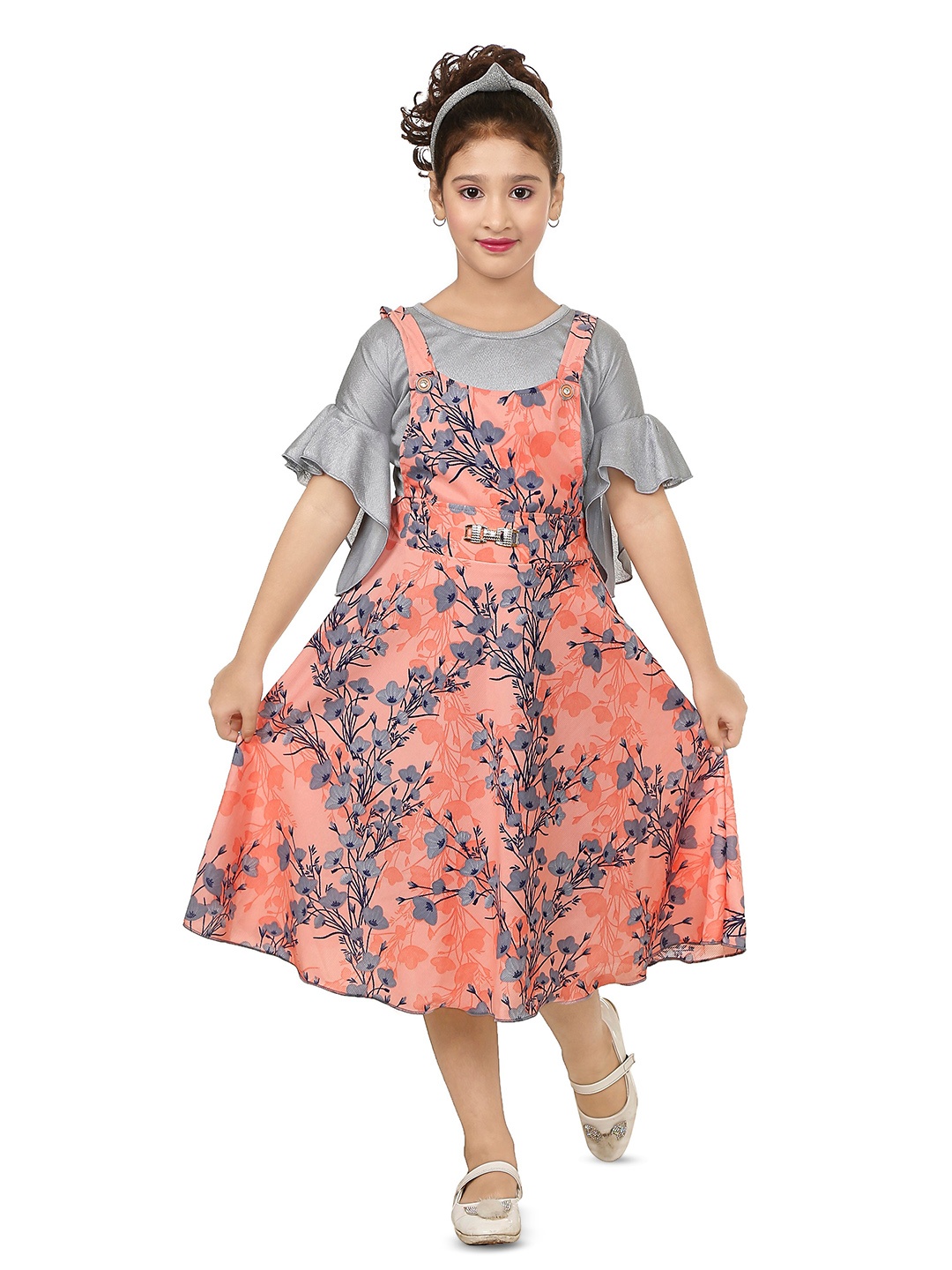 

BAESD Girls Floral Printed Crepe Pinafore Dress, Orange