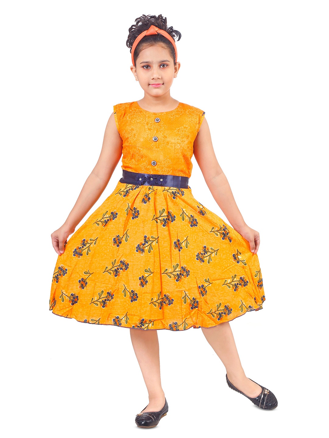 

BAESD Girls Floral Printed Waist Tie-Ups Cotton A-Line Dress, Orange