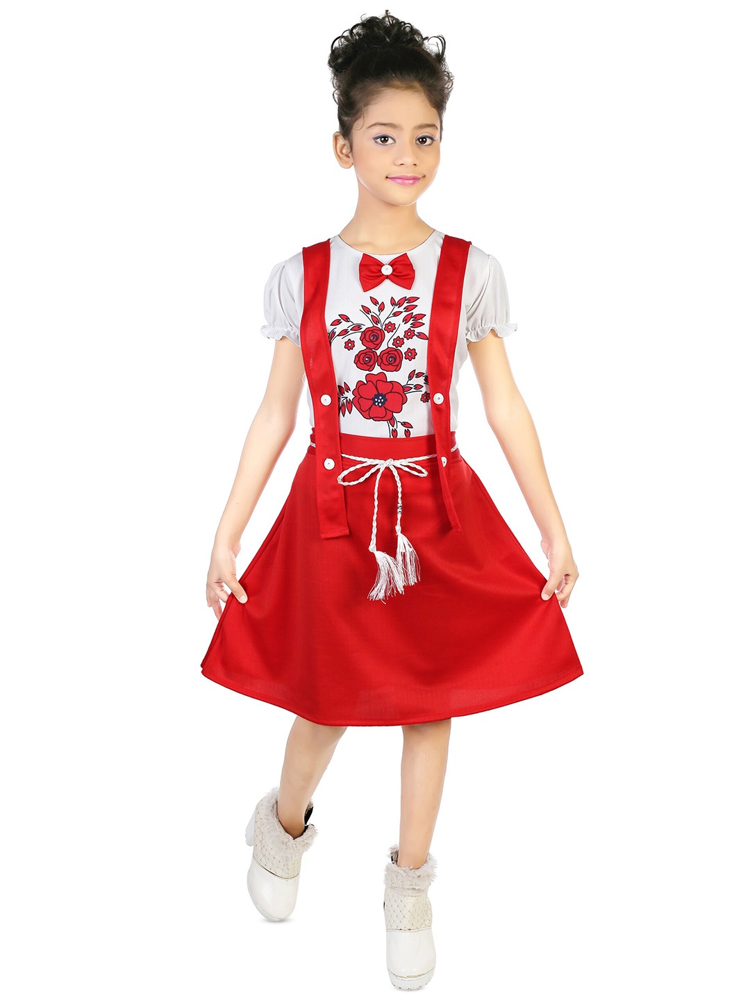 

BAESD Girls Floral Printed Waist Tie-Ups Bow Detail Puff Sleeves A-Line Dress, White