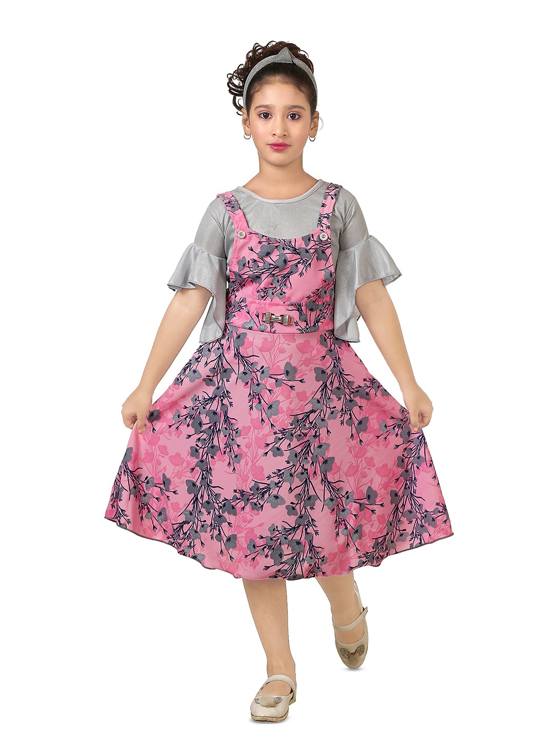 

BAESD Girls Floral Printed Waist Tie-Ups A-Line Dress, Pink
