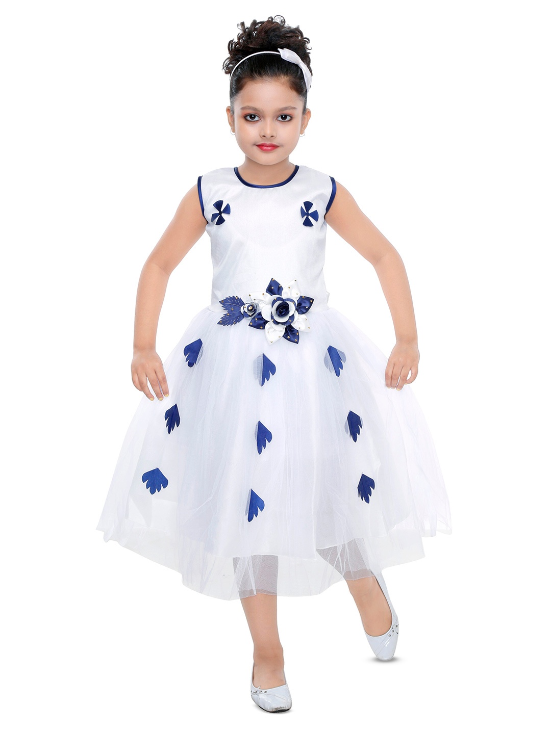 

BAESD Net Fit & Flare Midi Dress With Floral Corsage, White