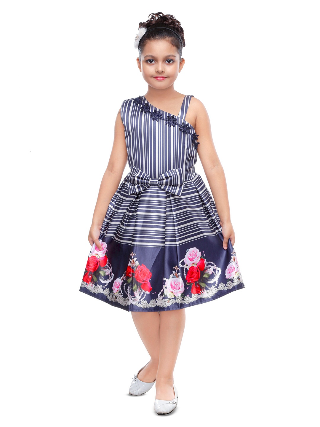 

BAESD Girls Striped Bow Detail Fit & Flare Dress, Blue