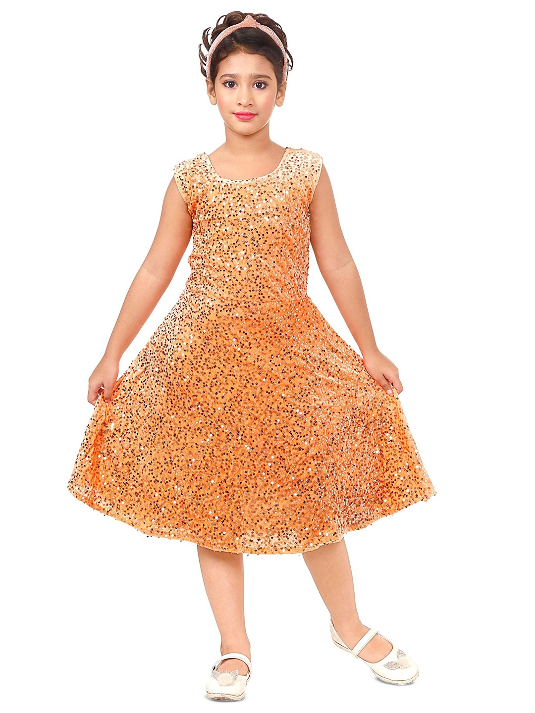 

BAESD Girls Embellished Sleeveless Velvet Fit & Flare Midi Dress, Orange