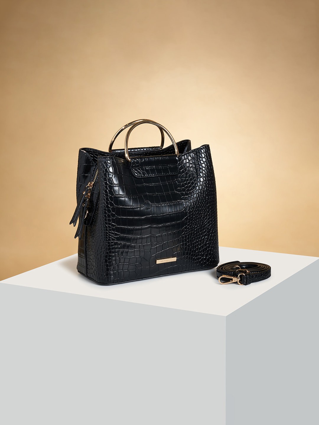 

Forever Glam by Pantaloons Textured Structured Handheld Bag, Black