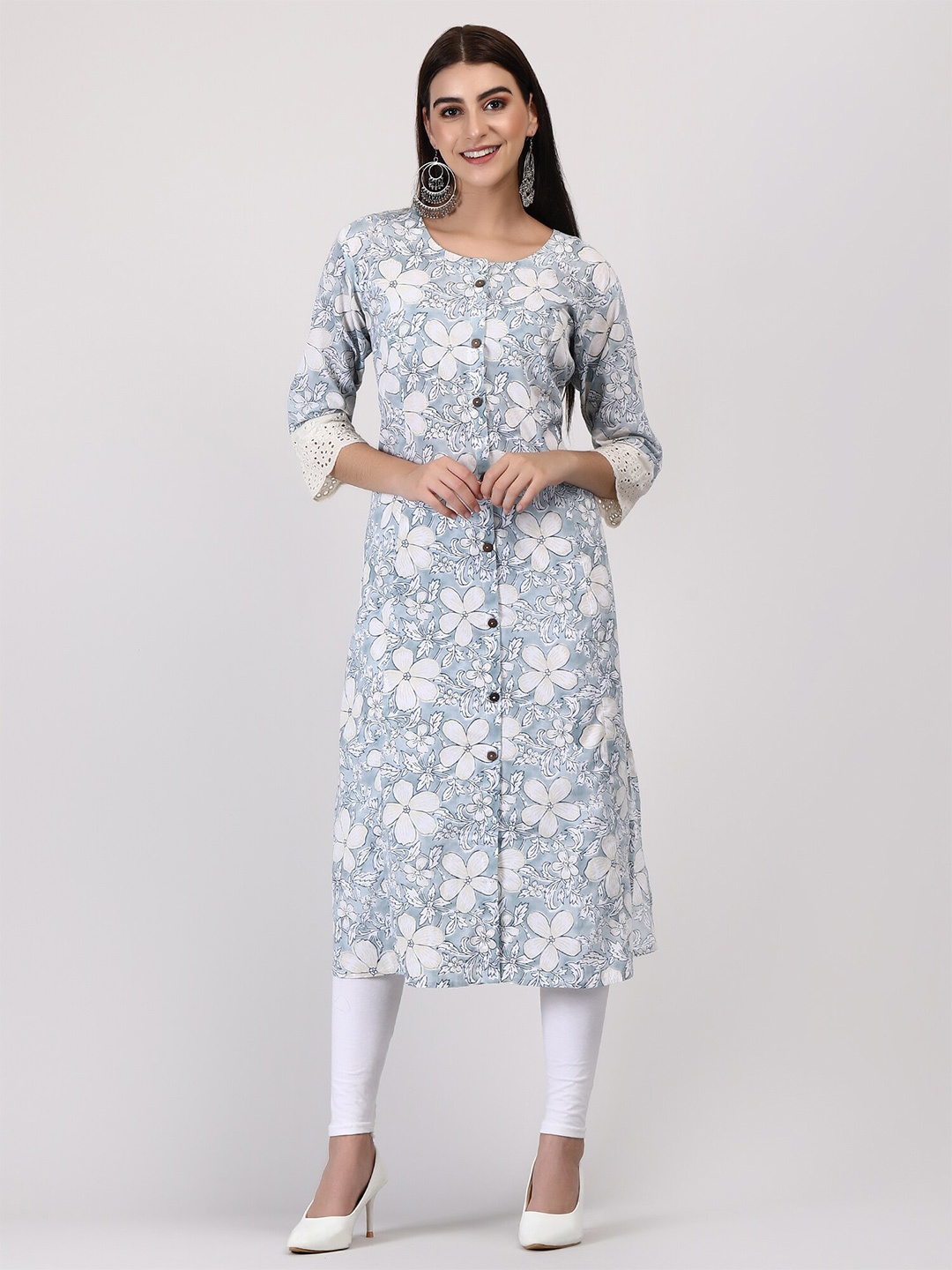 

ADAA JAIPUR Floral Printed Pure Cotton Straight Kurta, Blue