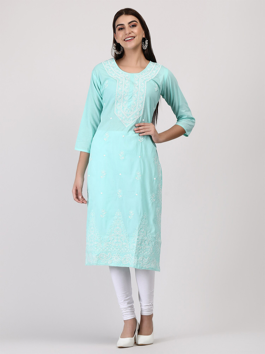 

ADAA JAIPUR Floral Embroidered Pure Cotton Straight Kurta, Blue