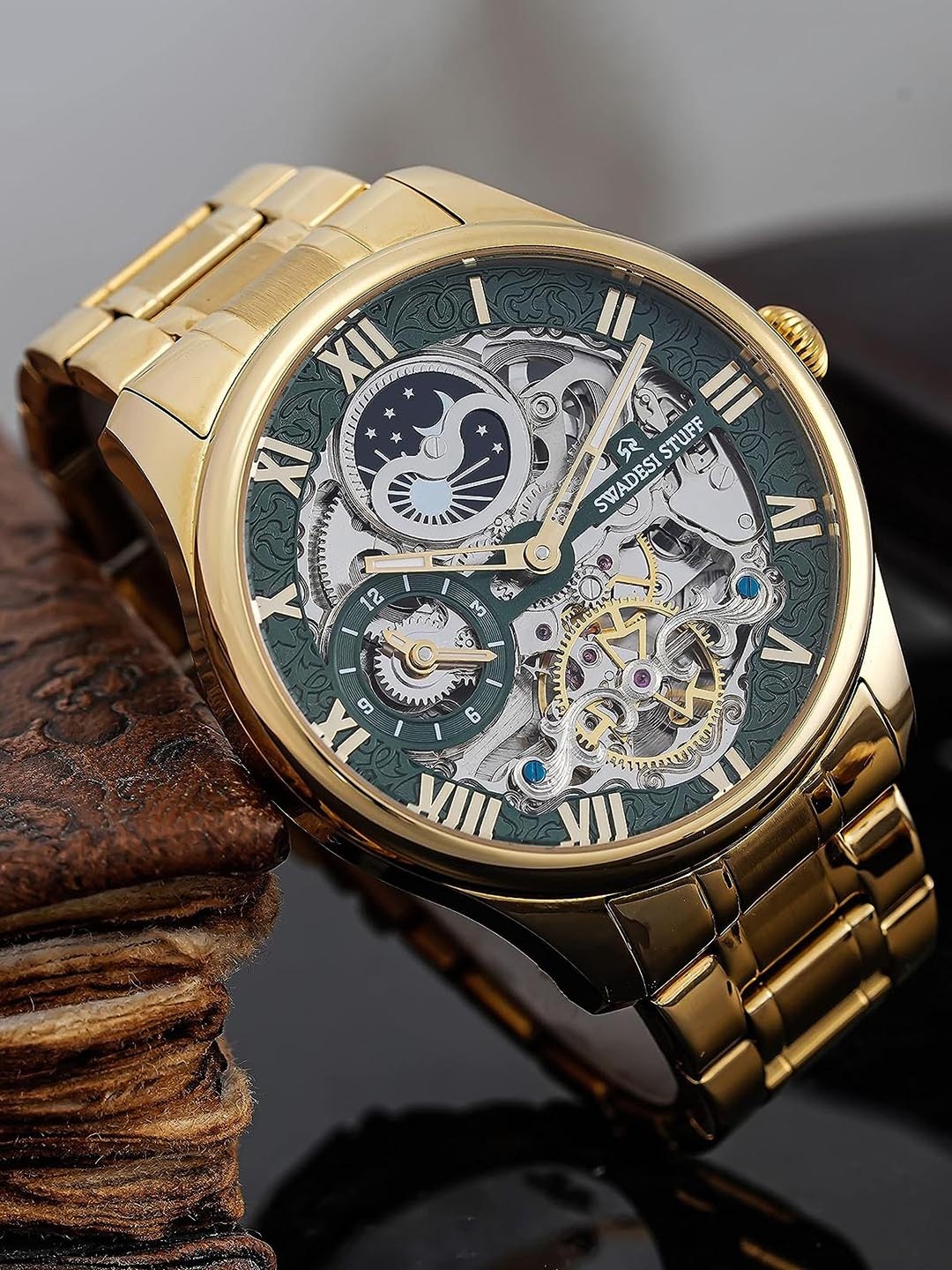 

SWADESI STUFF Men Skeleton Dial And Stainless Steel Straps Multi Function Watch AT009GLD, Gold