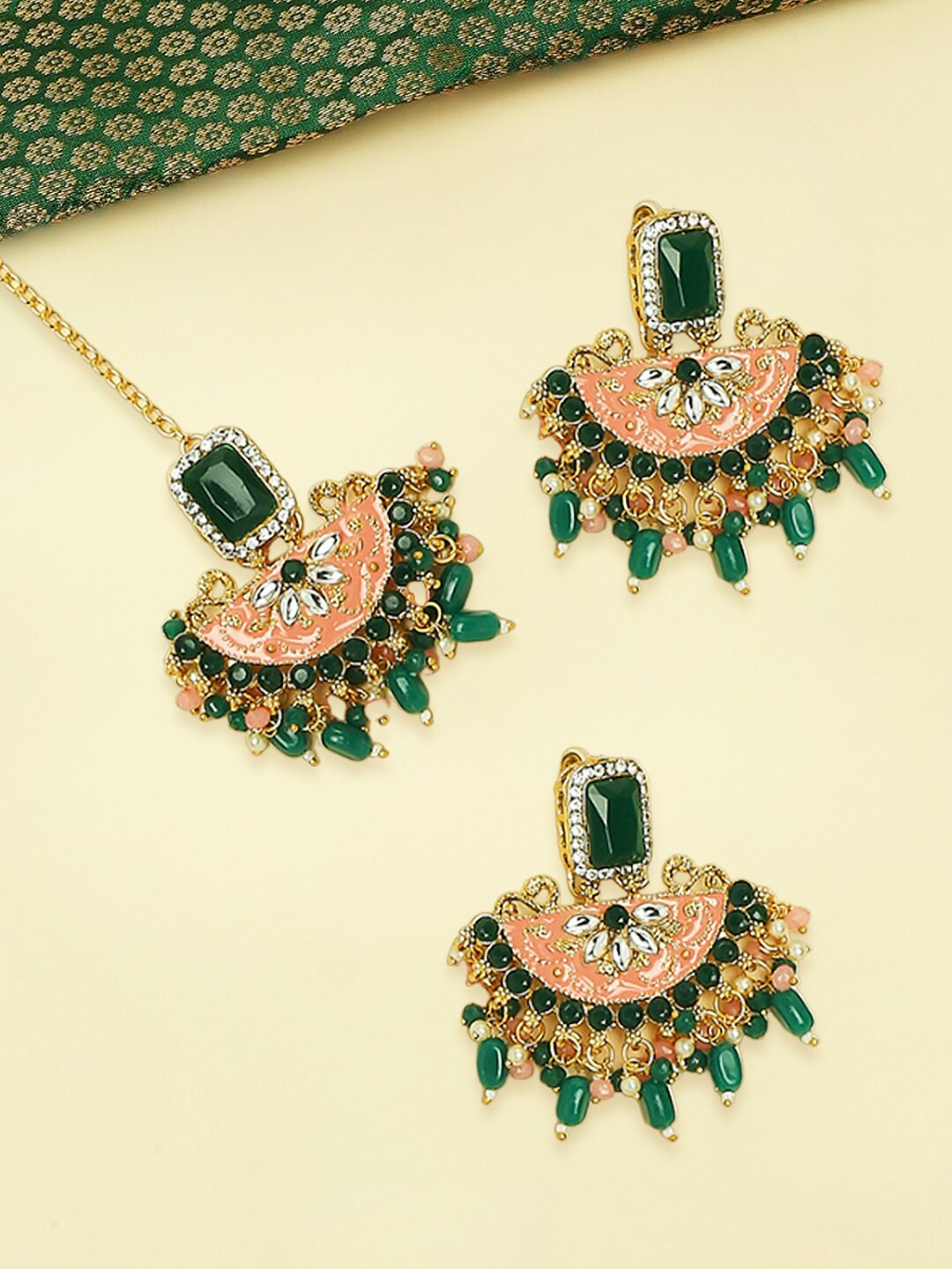 

OOMPH Kundan Studded & Beaded Meenakari Maang Tika & Earrings, Gold