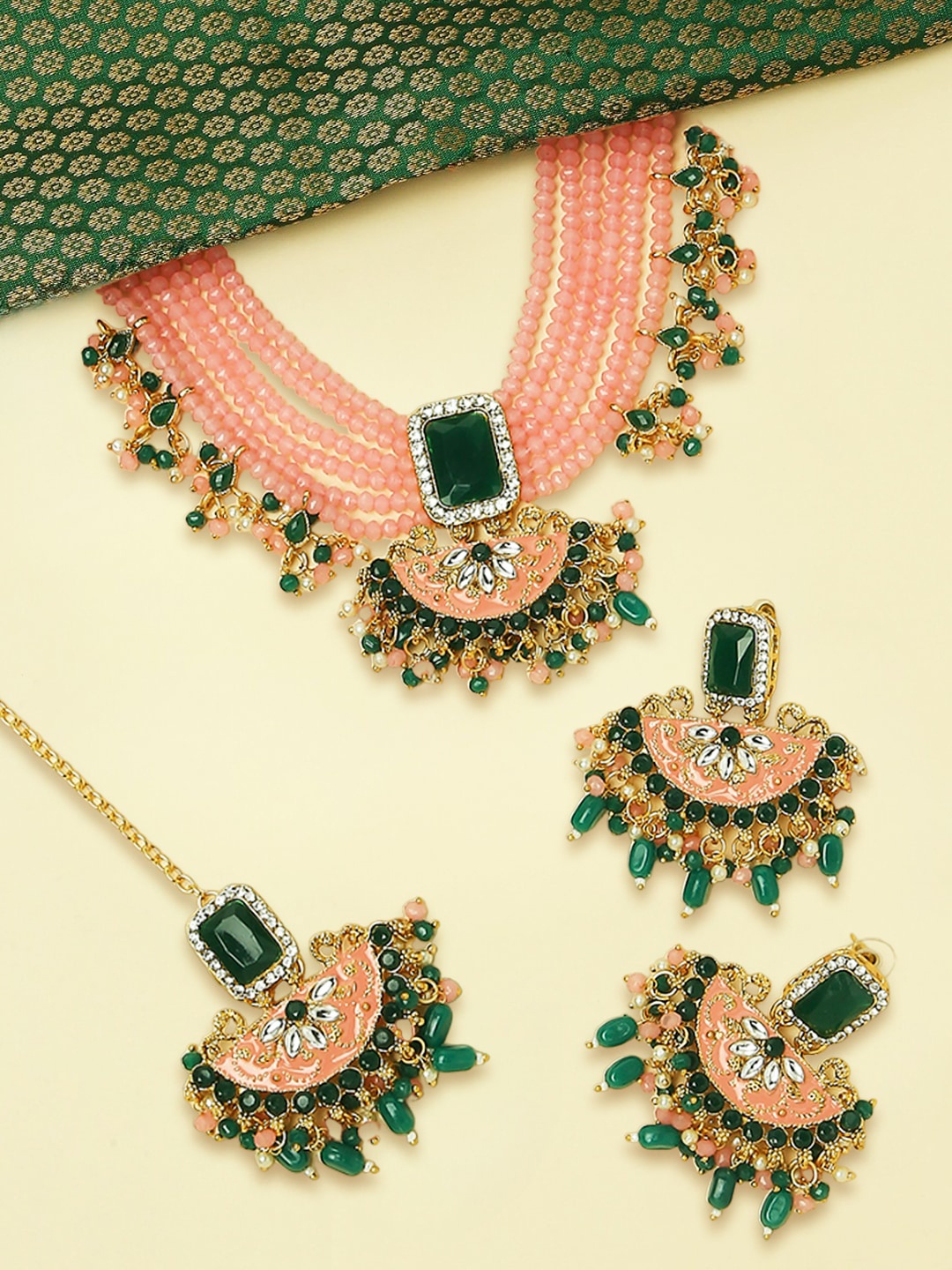 

OOMPH Kundan Studded & Beaded Meenakari Necklace & Earrings With Maang Tika, Gold