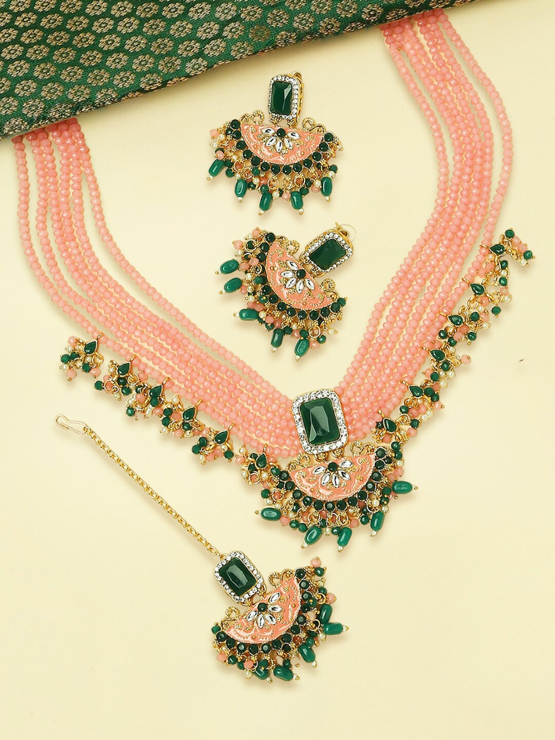 

OOMPH Kundan Studded & Beaded Meenakari Jewellery Set, Gold