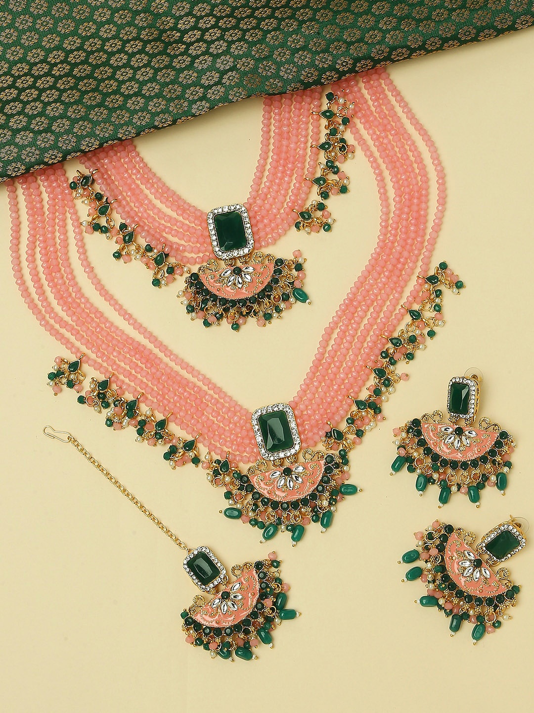 

OOMPH Kundan Studded & Beaded Jadau Meenakari Jewellery Set, Gold