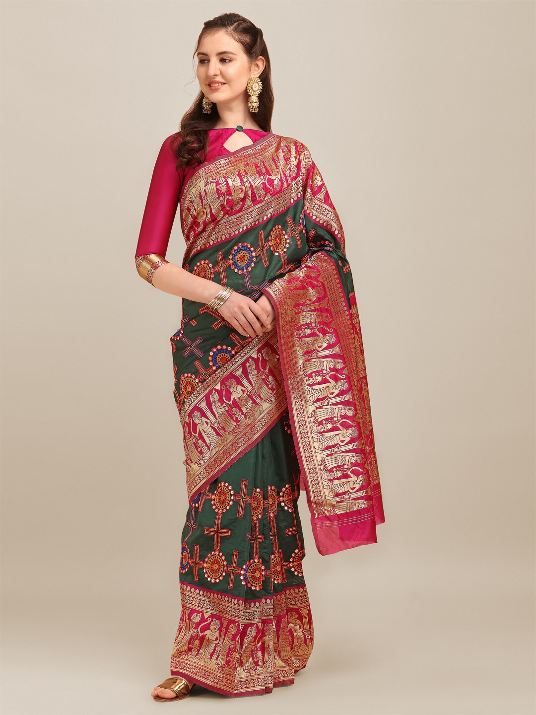 

Mitera Embroidered Art Silk Banarasi Saree, Green