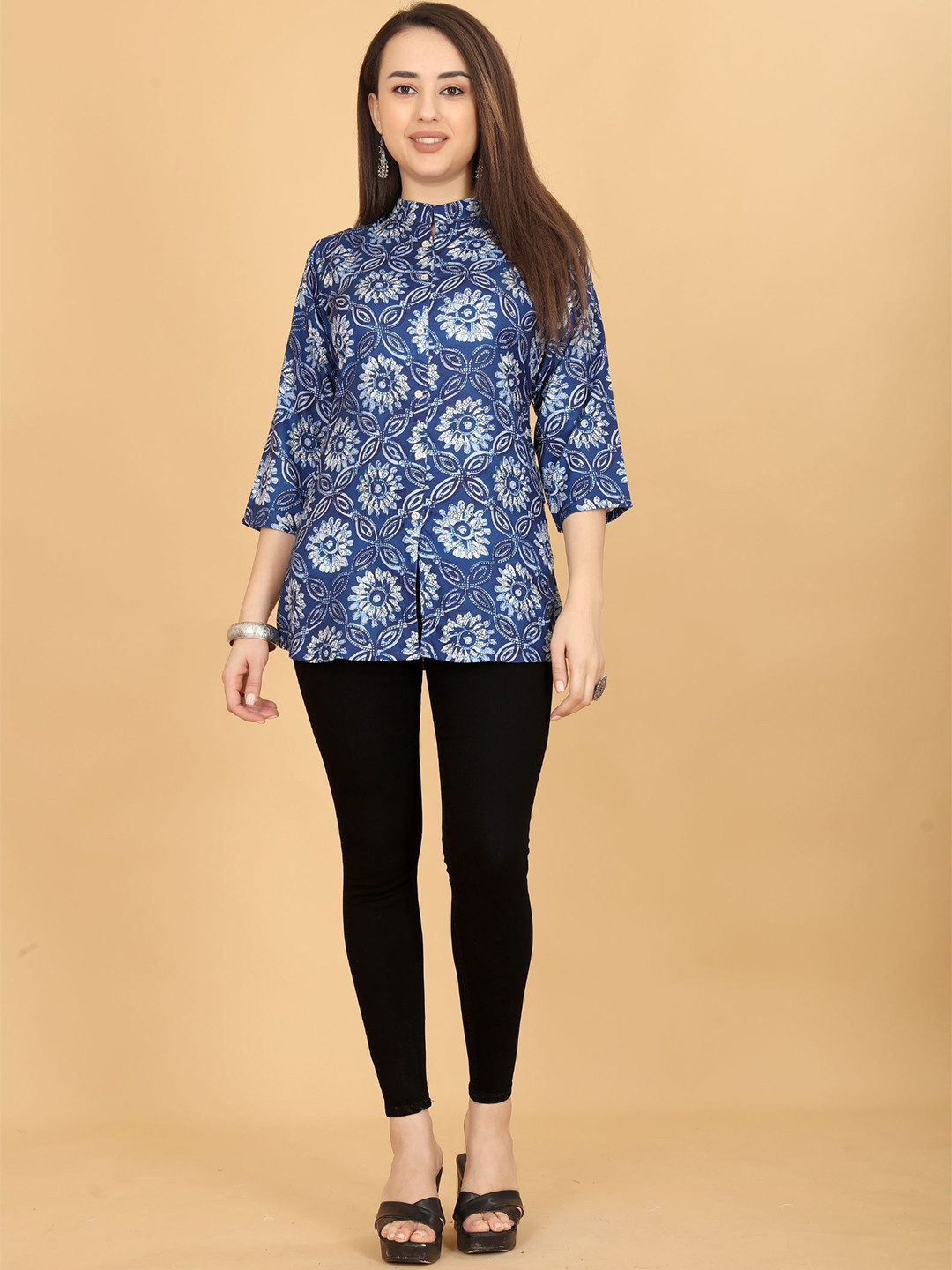 

KALINI Floral Printed Mandarin Collar Tunics, Navy blue