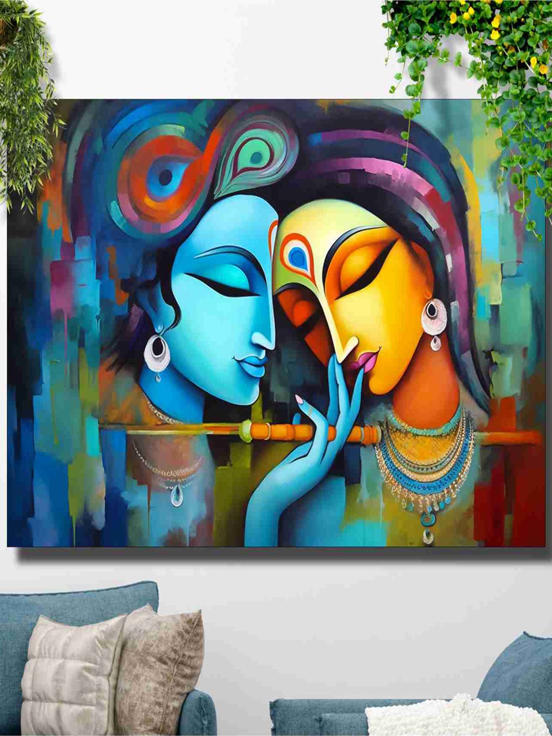 

SAF Blue & Yellow Radha Krishna Painted Canvas Wall Art