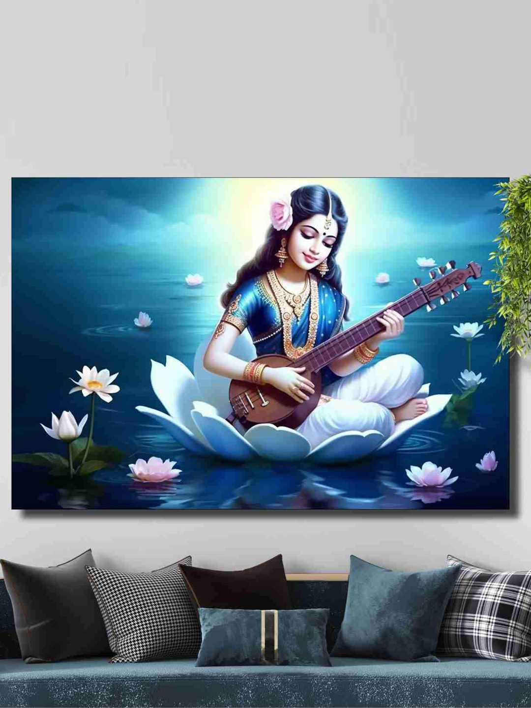 

SAF Blue & White Goddess Saraswati Canvas Painting Wall Art