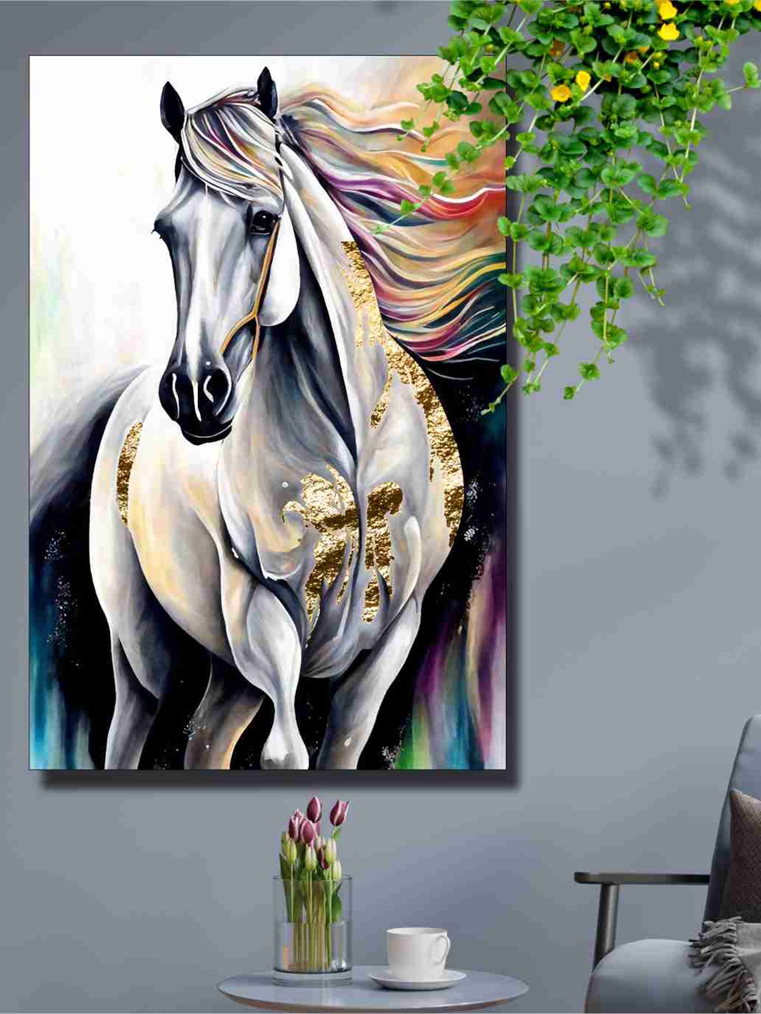 

SAF White & Grey Horse Canvas Painting Wall Art