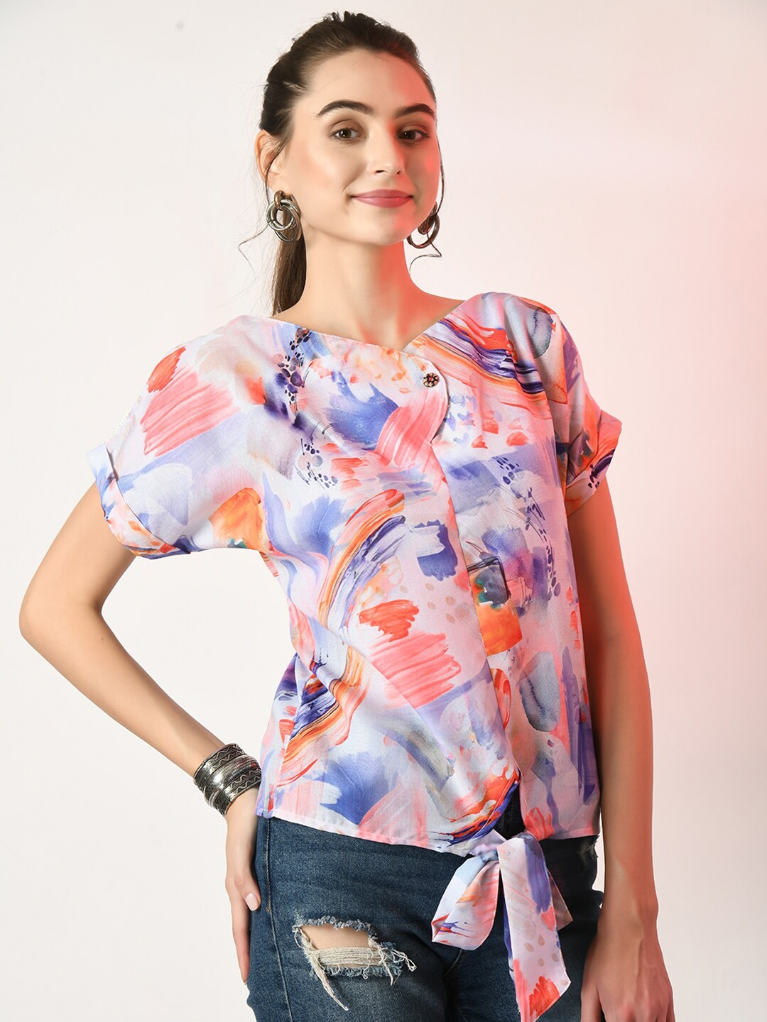 

DressBerry Abstract Printed V-Neck Top, Blue