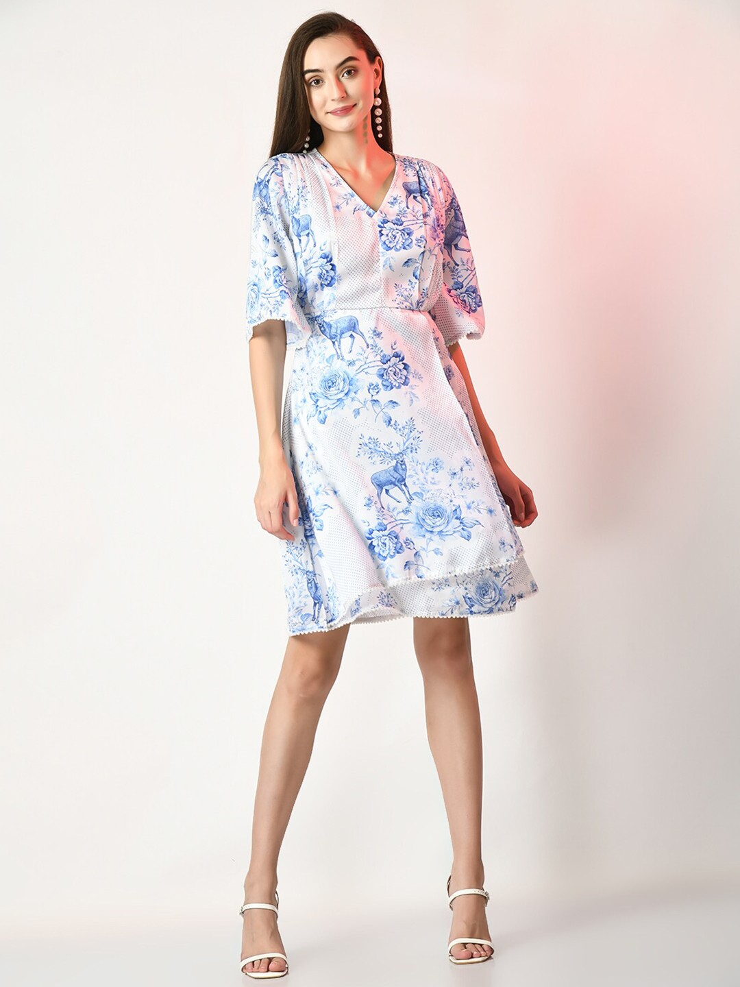 

DressBerry Floral Print Silk Flared Sleeve Satin Dress, White