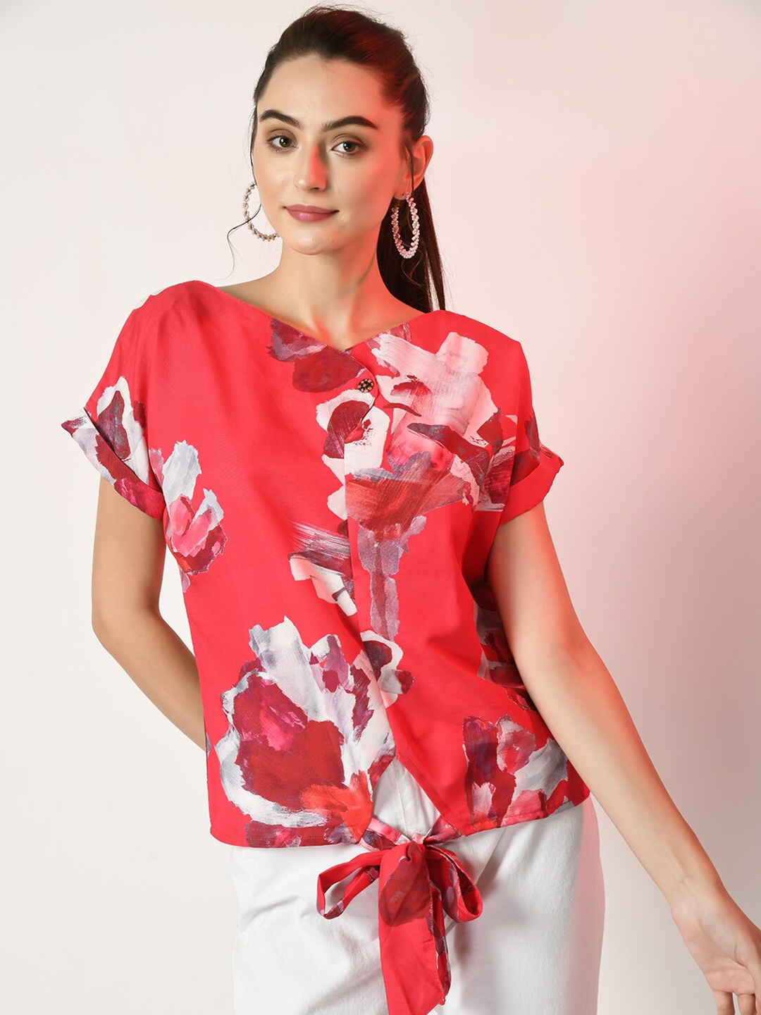 

DressBerry Floral Printed V-Neck Extended Sleeves Waist Tie-Ups Top, Pink