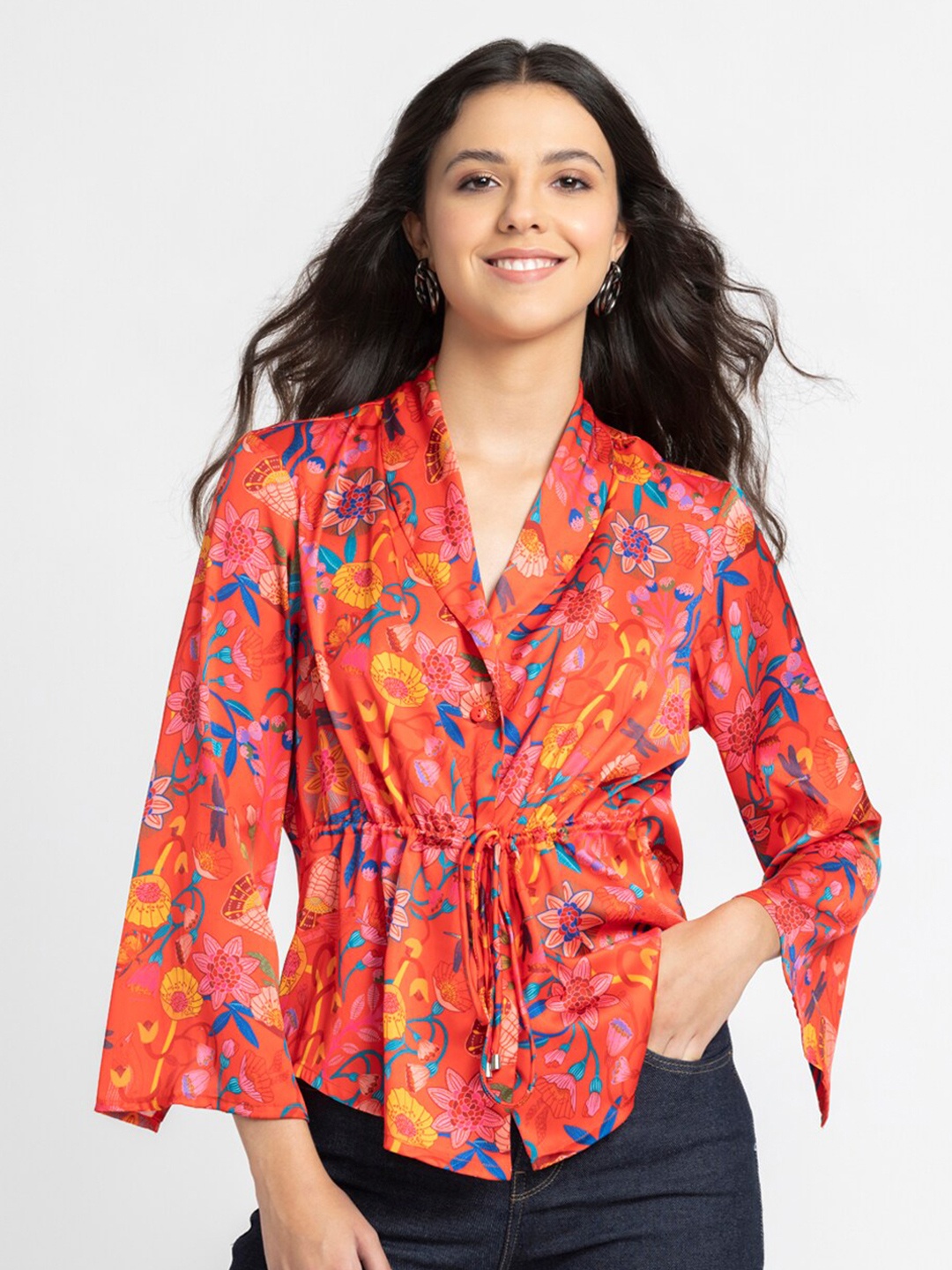 

SHAYE Floral Printed Lapel Collar Tie-Ups Classic Regular Fit Satin Casual Shirt, Red