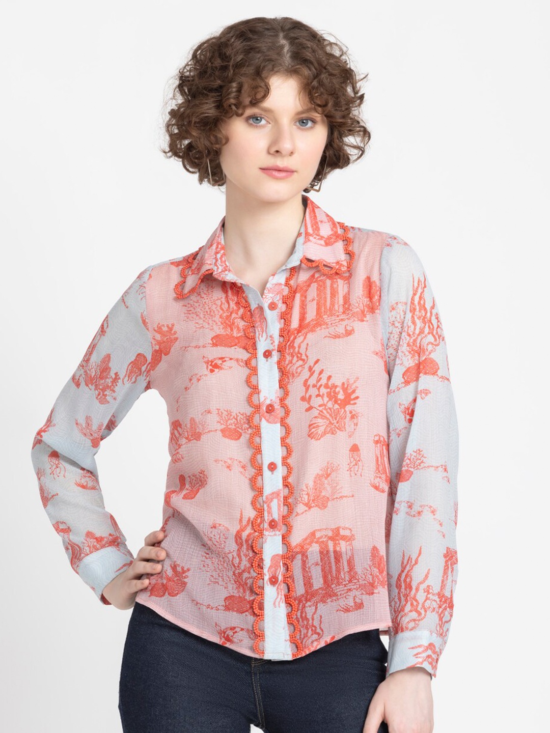

SHAYE Women Smart Floral Semi Sheer Printed Casual Shirt, Red